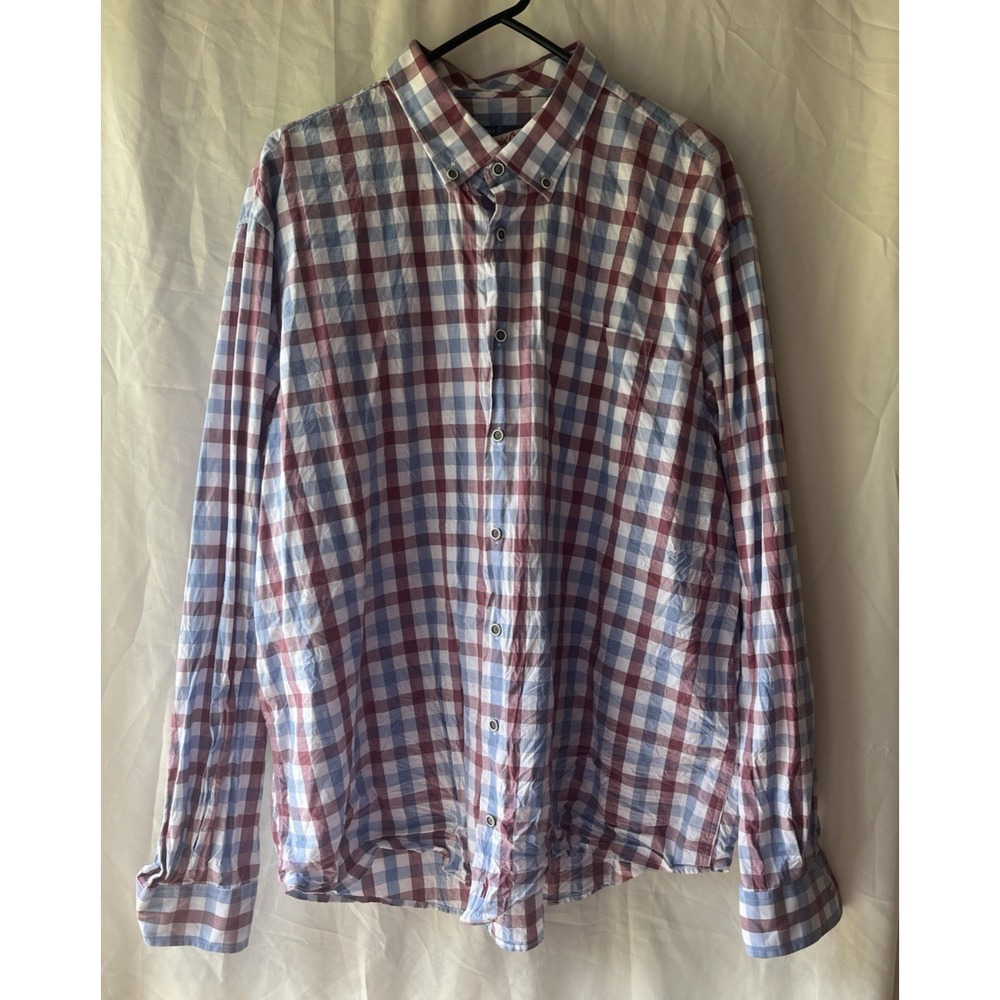 Johnnie-O Shirt Men 2XL Hangin Out Long Sleeve Button‎ Up Red Blue Plaid Preppy